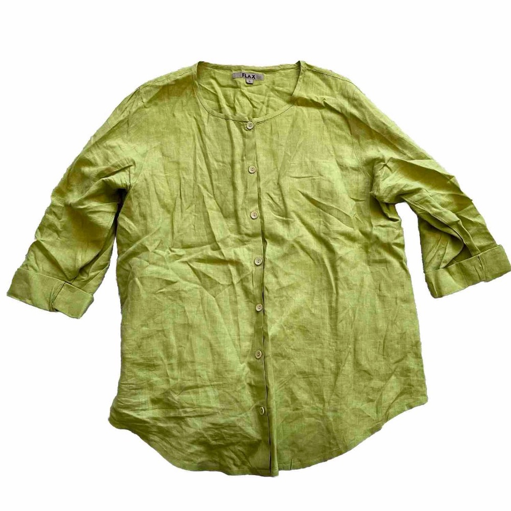 FLAX 100% LINEN BUTTON DOWN TOP SIZE LARGE LAGENLOOK MINIMALIST SOPHISTICATED - Picture 7 of 7